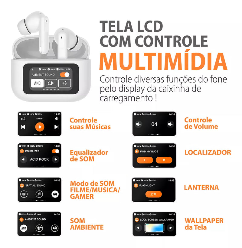 Fone Bluetooth Tela LCD Touch e Cancelamento de Ruído